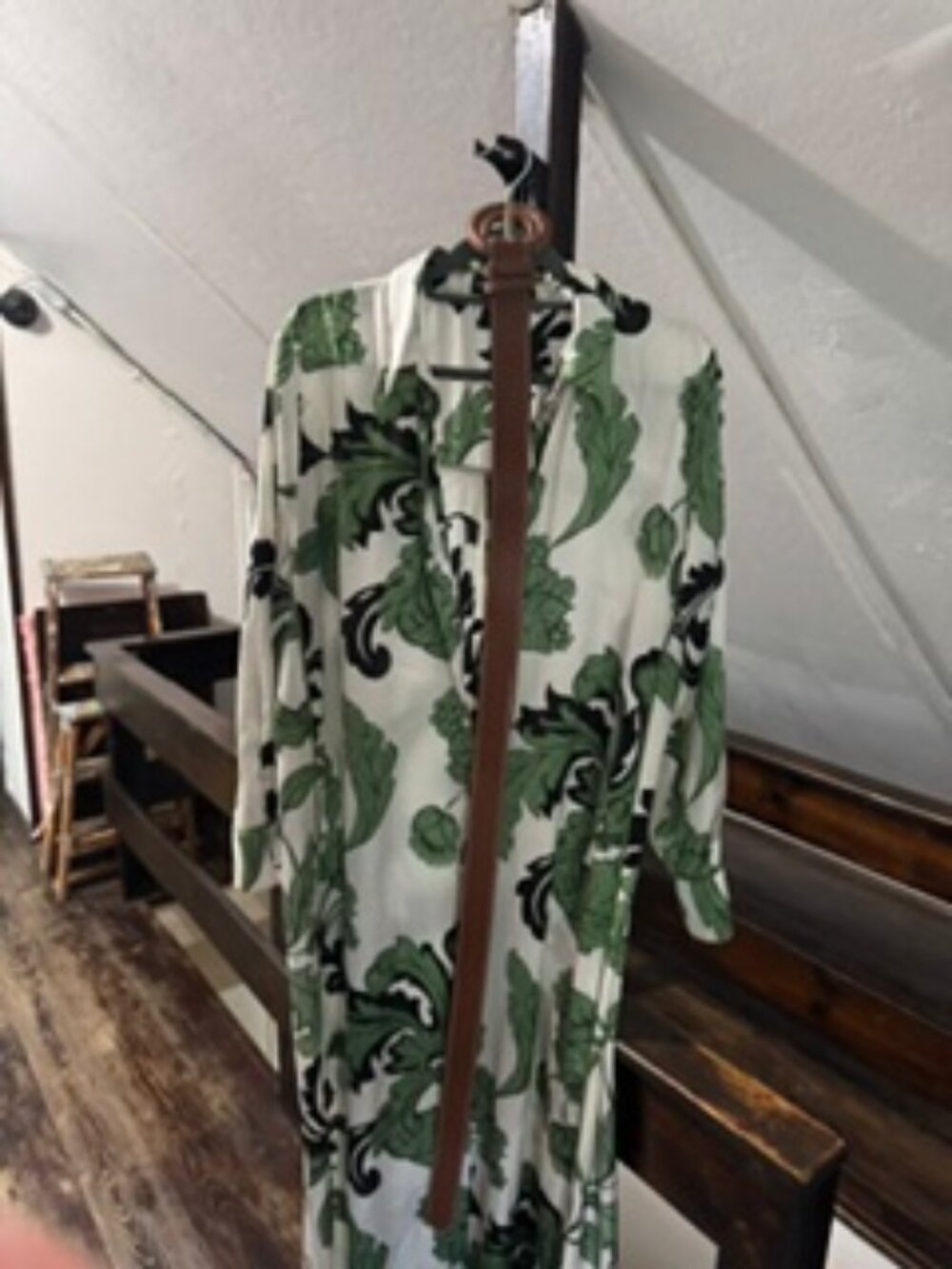 Zara Green Floral Botanical Belted Long Sleeve Midi Shirt Dress | Size XL